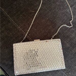 Silver Textured Clutch with Chain Strap